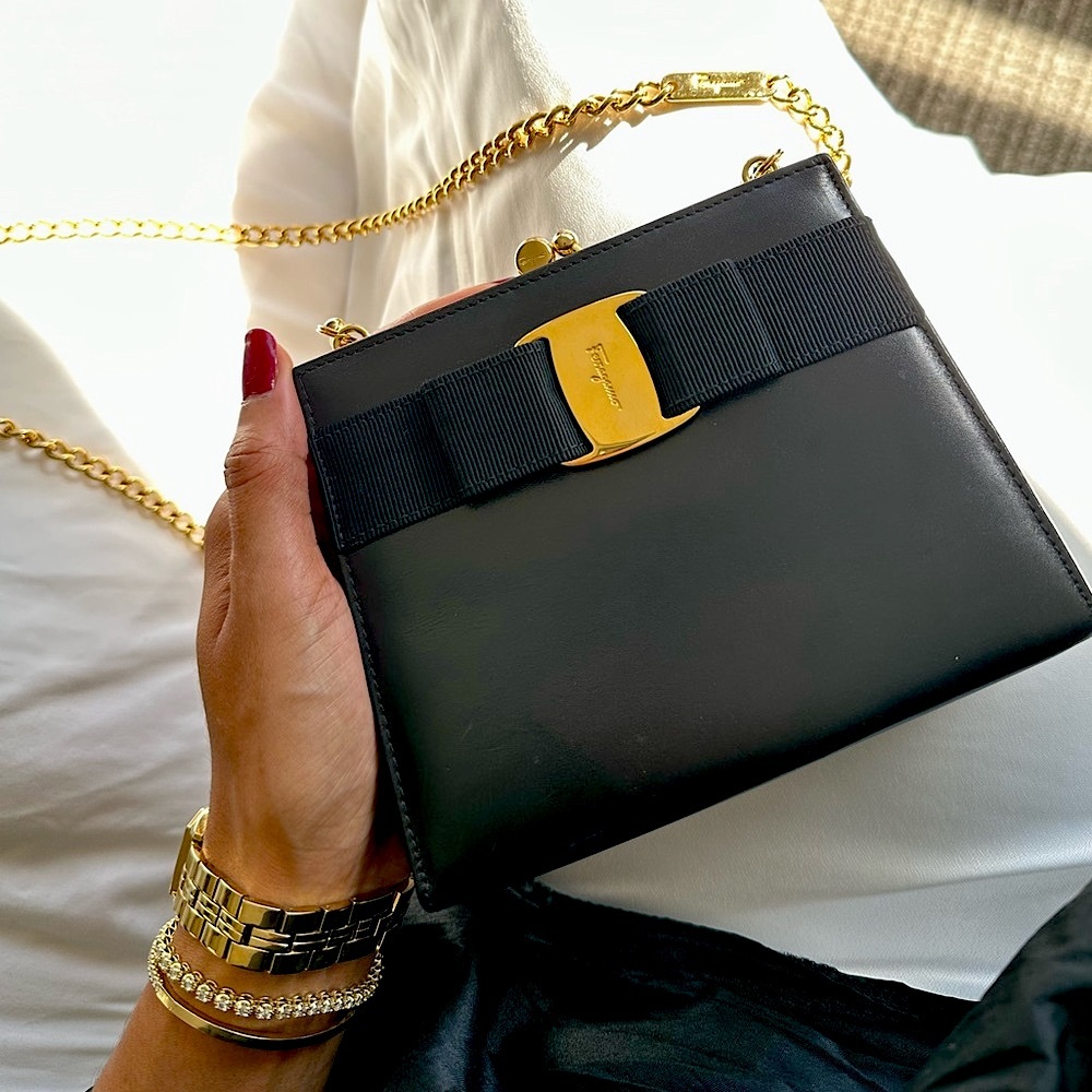 *SOLD*Authentic Salvatore Ferragamo Leather Black Bow Bag w/ Gold Chain